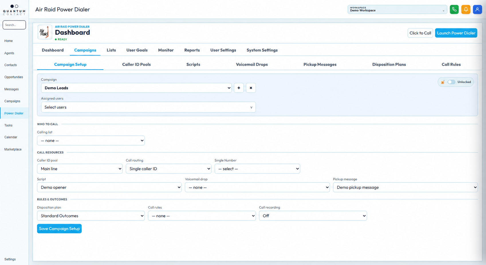 Air Raid Power Dialer campaign setup interface capture