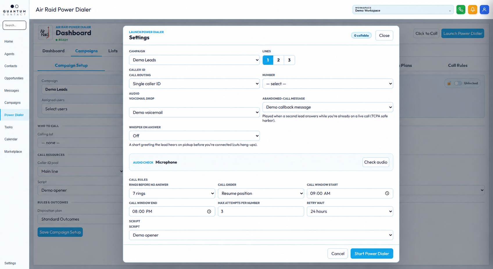Air Raid Power Dialer launch settings interface capture